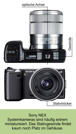 Sony NEX Systemkameras sind häufig extrem  miniaturisiert. Das Stativgewinde findet  kaum noch Platz im Gehäuse. Stativhöcker Gewinde optische Achse