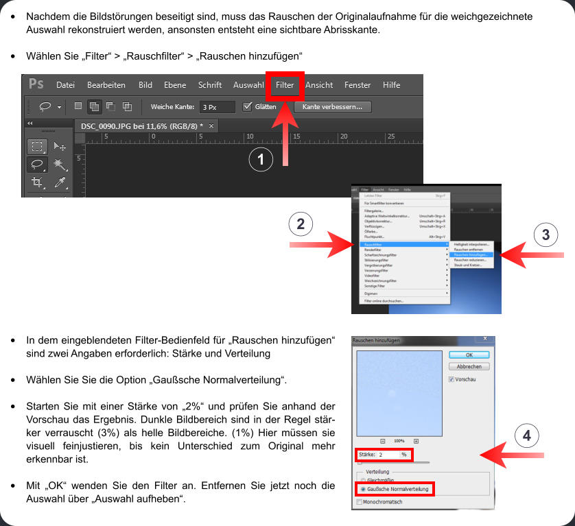 •	Nachdem die Bildstörungen beseitigt sind, muss das Rauschen der Originalaufnahme für die weichgezeichnete Auswahl rekonstruiert werden, ansonsten entsteht eine sichtbare Abrisskante. •	Wählen Sie „Filter“ > „Rauschfilter“ > „Rauschen hinzufügen“  2 3 1 •	In dem eingeblendeten Filter-Bedienfeld für „Rauschen hinzufügen“ sind zwei Angaben erforderlich: Stärke und Verteilung •	Wählen Sie Sie die Option „Gaußsche Normalverteilung“.  •	Starten Sie mit einer Stärke von „2%“ und prüfen Sie anhand der Vorschau das Ergebnis. Dunkle Bildbereich sind in der Regel stärker verrauscht (3%) als helle Bildbereiche. (1%) Hier müssen sie visuell feinjustieren, bis kein Unterschied zum Original mehr erkennbar ist.  •	Mit „OK“ wenden Sie den Filter an. Entfernen Sie jetzt noch die Auswahl über „Auswahl aufheben“. 4